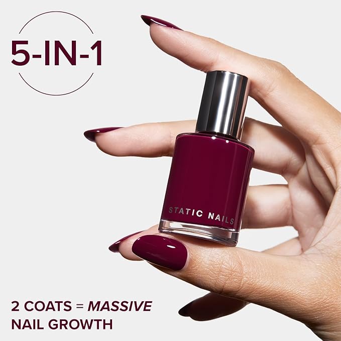 Static Nails 5-in-1 Rapid Growth Treatment Polish, Clinically Proven Hardener & Strengthener, Built-in Top & Base Coat, Quick Dry Formula, Repairs & Lengthens – Morello (Berry Merlot) 0.4 Fl Oz