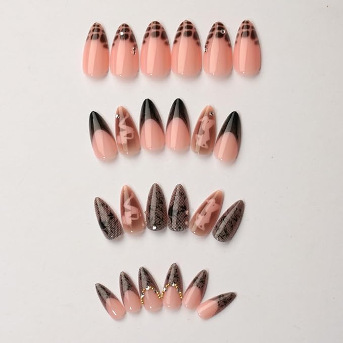 Black Lace Press on Nails Medium Almond Fake Nails Cute Nails Press ons with Rhinestone Design,Reusable & Easy Apply Full Cover Stick on Nails for Women Manicure 24Pcs