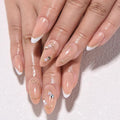 White French Irregular 3D Gold Line Press On Nails Medium Almond – Pearl & Diamond Accents, Salon-Quality Reusable Stick-Ons, Spring Summer Nails for Women & Girls | Parties & Daily Wear