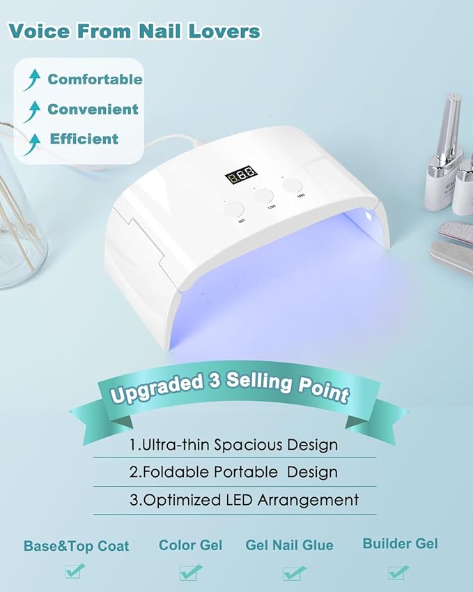 UV Led Nail Lamp Curing Light Dryer for Gel Nails,Roomy but not Bulky Foldable Design, 3 Timers & LCD Display,for Gel Nail Polish Builder Rhinestone Glue (White Lamp Pro)