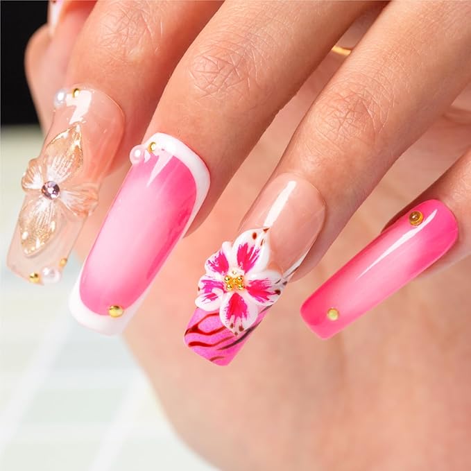 LOVFUL Short Press on Nails Rosewater Bloom | Handmade Acrylic Press ons | Reusable Fake Nails | Square Classic Regular 1.3 in | H499-M