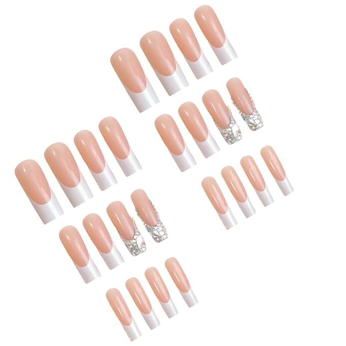 FORBELOVED NAILS,French Tip-White Press On Nails,Long Square Glue On Nails,Glitter Muti Colorful Gems False Nails For Women And Girls,12 Sizes-24Pcs with Glue,(White),FOB