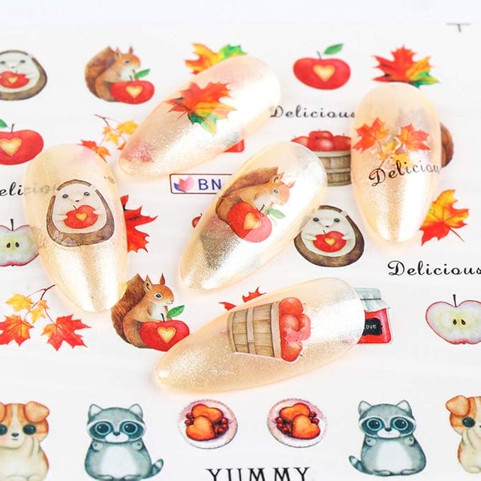 24 Sheets Fall Nail Art Decals, Holographic Autumn Leaf Water Transfer Decal Design, Maple Leaf Little Animals Nail Art Sticker for Women Girls Manicure Charms Decorations, Thanksgiving Nail Sticker