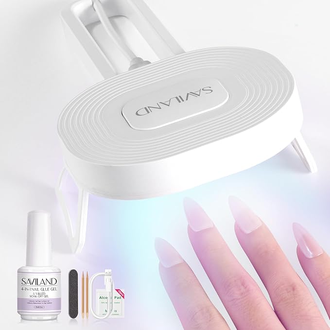 SAVILAND U V Nail Glue with Lamp Kit, 0.5 Oz. U V Gel Glue 4-in-1 for Nail Tips, Press on Nails and U V Lamp for Nails Fast Curing Strong Glues for Gel Extension DIY Manicure Art