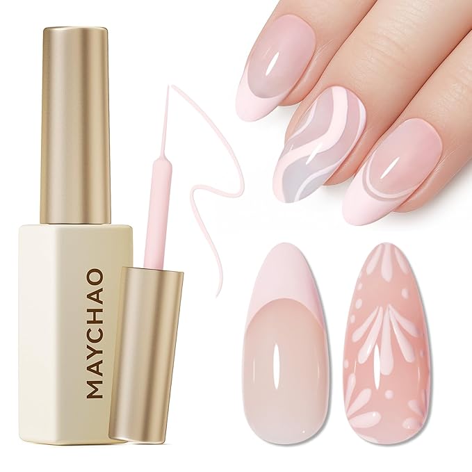 MAYCHAO Creamy Pink Swirl Gel Liner Nail Art Polish, 8ml Spring Summer Pastel Pink Gel Color Built-in Thin Brush, UV Light Cure for French Nail Tips DIY Manicure at Home Salon