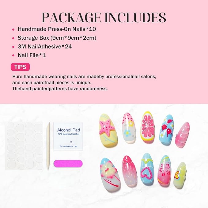 Handmade Press on Nails Beach Summer 3D Starfish Flower Fake Nails Gradient False Nails with Designs Muti-Layer Gel Stick on Nails Art Glossy Pearl Medium Almond Acrylic Nail for Women (Size M)