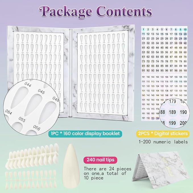 160 Nail Color Display Book with 240 Nail Tips & 1-200 Number Labels, Professional Color Swatches Book Gel Polish Colors Card Board for Nails Salons, DIY at Home