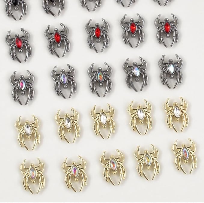 30PCS Halloween Nail Art Charms,Spider Metal Dark Gothic Alloy Diamond for Women Girls Halloween Nail Decorations Design(Golden Spider-White Diamond)