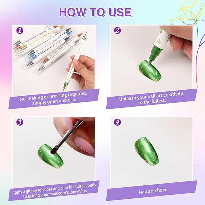 10 Colors Metallic Nail Art Pens Set, Professional Dual Tip with Soft Brush & Fine Point, Quick Dry Water-Based Markers for DIY Nail Salon and Beginners