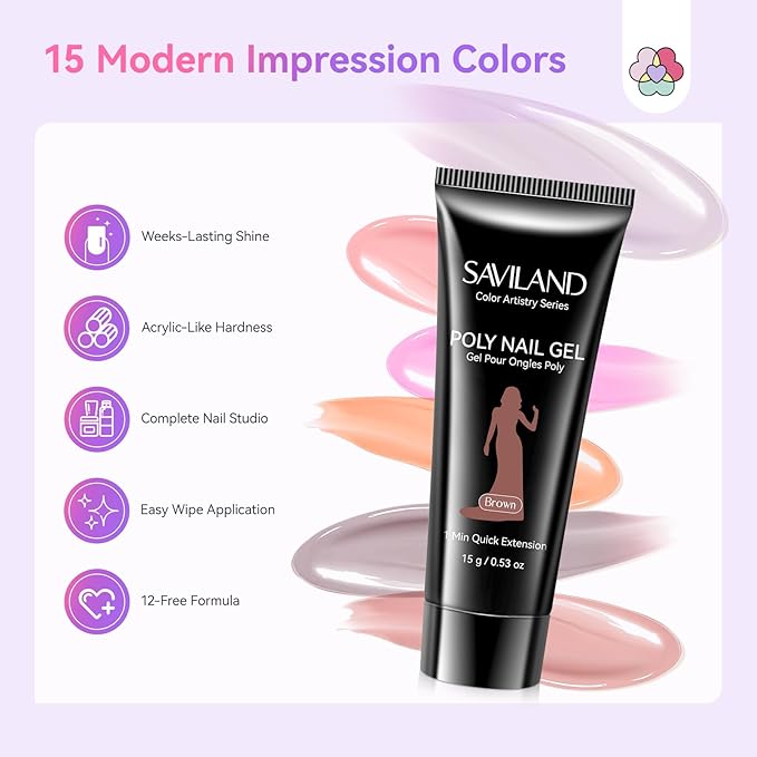 SAVILAND Hema-Free Poly Extension Gel Nail Kit:15 Colors Poly Nail Gel Natural Clear White Glitter Long Lasting with U V Light Slip Solution for Starter DIY Nail Art at Home Gifts for Ladies & Girls