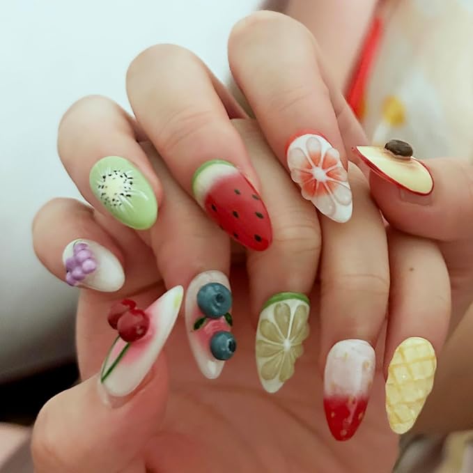 Press On Nails - Medium Almond Handmade Unique Fake Nails, Fruit Style Art Design, Thick Acrylic and Muti-Layer Gel False Nails, Reusable Gel Cured Sturdier 3D Fake Nails with Nails Kit (Size M)