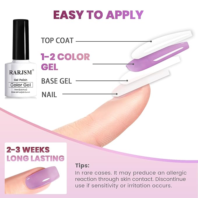 RARJSM Purple Pink Jelly Gel Nail Polish Set 6pcs Clear Crystal Glass Grape Purple Rose Pink Series Transparent Sheer Amber Milky Gel Varnish LED UV Curing Requires Soak off French Manicure Home Salon