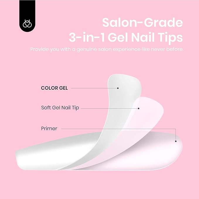 Beetles Press On Nails Short Almond - 4 in 1 Matte Milky White Soft Gel Nail Tips 224PCS Pre-Applied Tip Primer Nails Press ons 16 Sizes Glue on Nails-Perfect for Girls&Women