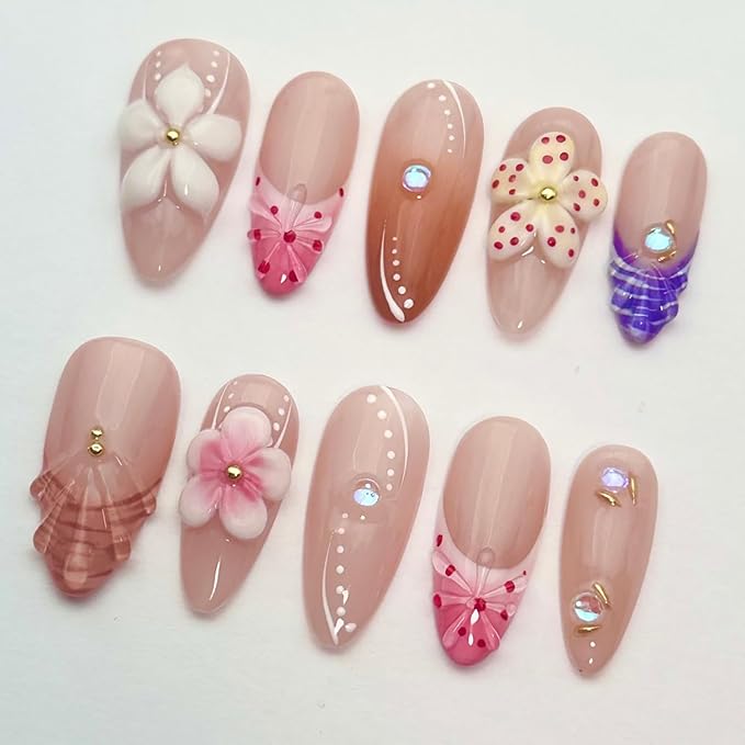 Luxury Press on Nails Medium Almond Handmade 3D Unique Reusable ABS Material Fake Nails French Tip False Nails with Designs White Pink Flower Art Petal Glossy Glue on Nails Thick Acrylic Nails(M)