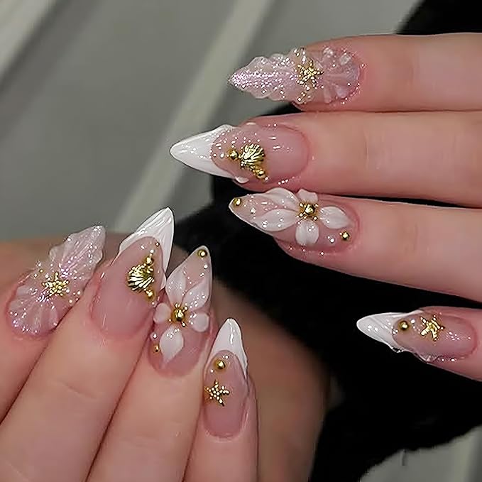 24Pcs 3D Almond Press on Nails Medium White French Tip Fake Nails Gold Beads Shell Starfish Rhinestones Design Flower Glue on Nails Spring False Nails Handmade Acrylic Nails for Women Manicure