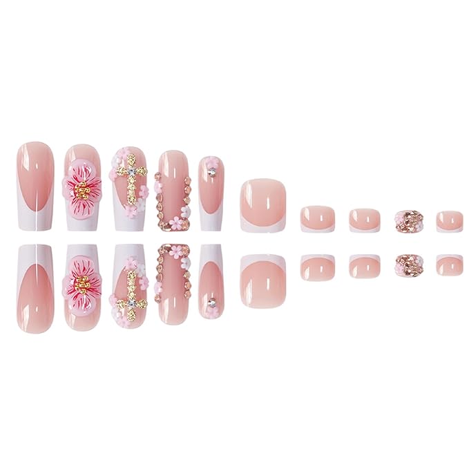 48Pcs Square Press on Nails Medium & Press on Toenails Set, Pink Flowers Fake Nails Short Press on Toe Nails French Cross Acrylic Nails Kit Full Cover Stick on Toe Nails for Women Manicure