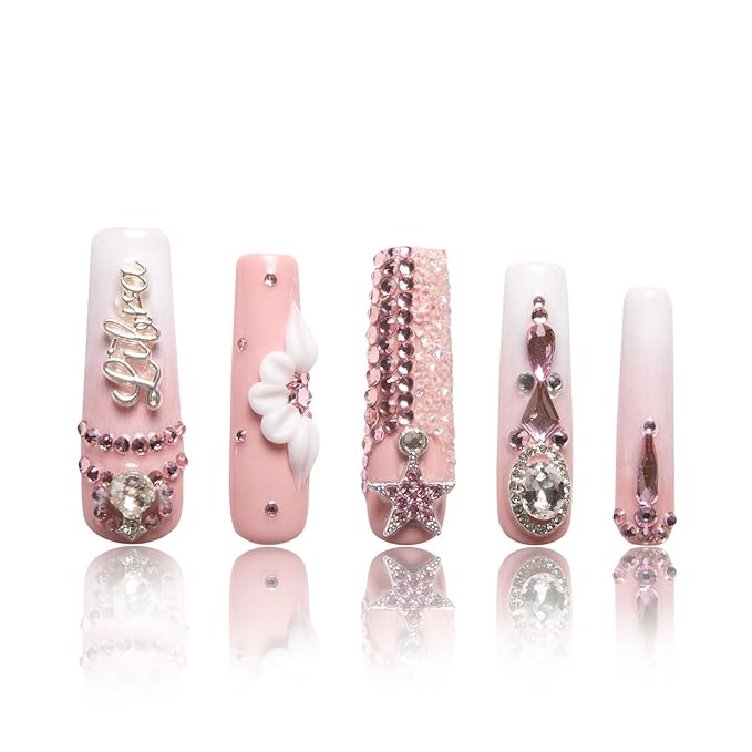 LOVFUL Press on Nails Libra| Handmade with Full Covered Crystals| Reusable Fake Nails| Square Mid length 1.7in| H245-M