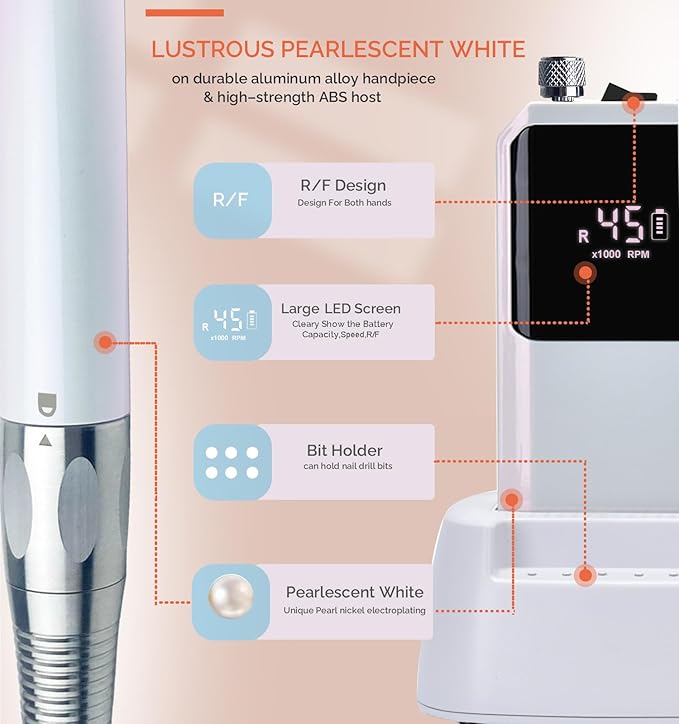Professional Nail Drill Machine - Cordless Brushless Motor Nail File, 45000 RPM 2*3500mAh Portable Efile for Acrylic Gel Nails with 6 Bits & ETL USB Charger for Salon & Home(Brushless)