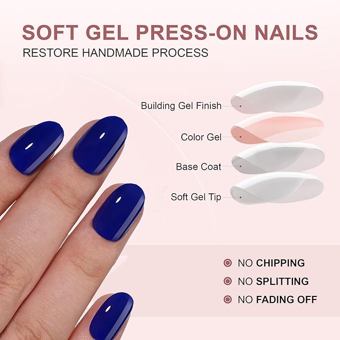 Short Almond Press on Nails Blue Glossy Fake Nails with Chrome Designs Glue on Nails Thickened Salon Quality False Nails Full Cover Stick on Nails Acrylic Nails for Women Nails Manicure Decor 32 Pcs