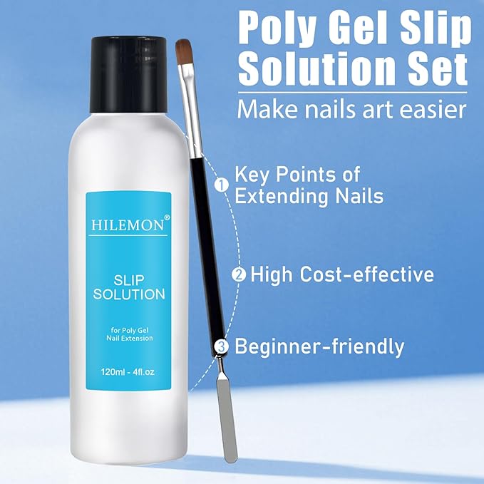 Poly Gel Slip Solution Set, 4Oz Liquid with Dual-Ended Spatula Brush Glass Cup Cotton Pad, Anti-Stick Liquid Brushes Cleaner for Nail Extension Gel
