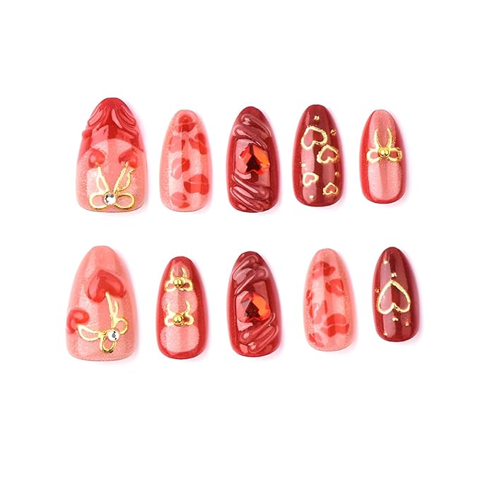 Valentines Press on Nails Medium Almond Fake Nails Heart Nails Press Ons French Tip Glue on Nail Gold Bow False Nails Glossy Full Cover Stick on Nail for Women and Girls Decoration Set 30Pcs