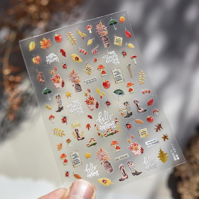 Maple Nail Stickers Leaf Mushroom Nail Decals 3D Self-Adhesive Boots Envelope Nail Designs 5D Embossed Plants Animals Insects Nails Supplies for Women Holiday DIY Manicure 1 Sheet