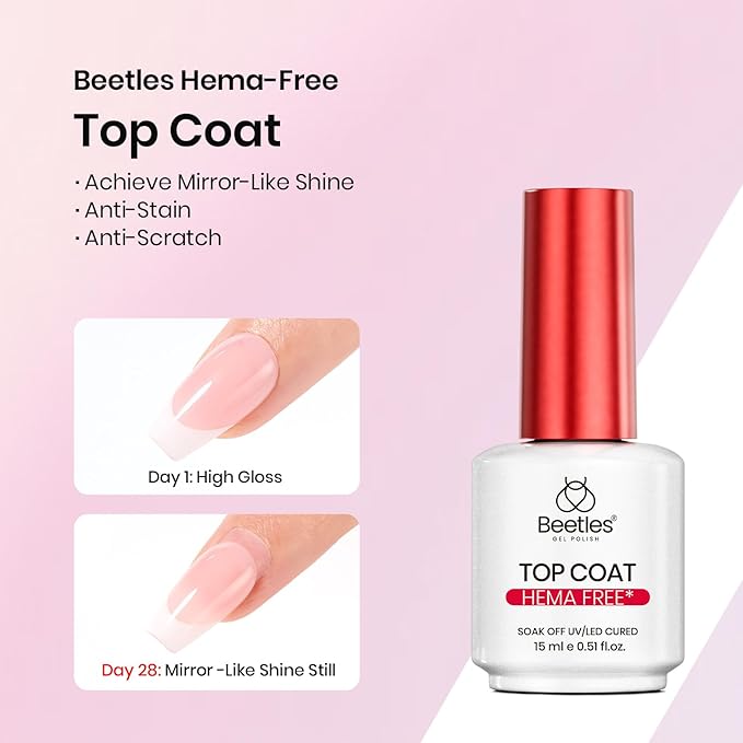 Beetles HEMA-Free 15ml Gel Top Coat and Builder Gel for Nails with Nail Brush, Low Heat Hypoallergenic Clear 8 in 1 Builder High Shine Long Lasting No Wipe Top Coat Nail Polish