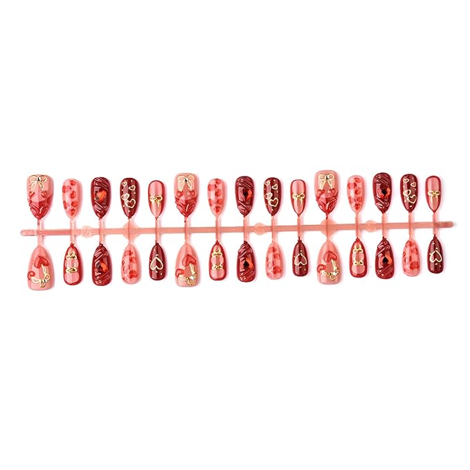 Valentines Press on Nails Medium Almond Fake Nails Heart Nails Press Ons French Tip Glue on Nail Gold Bow False Nails Glossy Full Cover Stick on Nail for Women and Girls Decoration Set 30Pcs