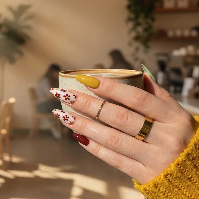 24 Pcs Press on Nails Almond Short Fake Nails Multiple Color Glossy Full Cover with Floral Designs Glue on Nails Reusable Acrylic Nails Removable Stick on Nails for Women Girls