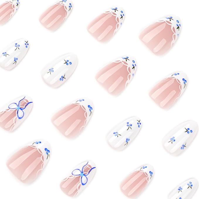 Summer French Tip Press on Nails Short Almond Fake Nails Cute White Nails Press ons with Blue Berries,Bow,Lace Design Full Cover Stick on Nails for Women Manicure,Reusable | Easy Apply | 24Pcs
