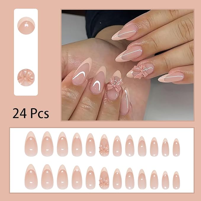 24pcs French Tip Press on Nails Medium Almond Fake Nails with Charms Designs Bow False Nails Stick on Nails Full Cover Glossy Artificial Nails for Women Girl Nail Decoration Supplies