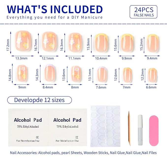 French Tricolor Short Square Press on Nails, fall False Nails with Cute Fflower Pink Design, Glossy Gel Finish Acrylic Nails, Thick Natural Reusable Nail Glue Set For Women, 24 pieces