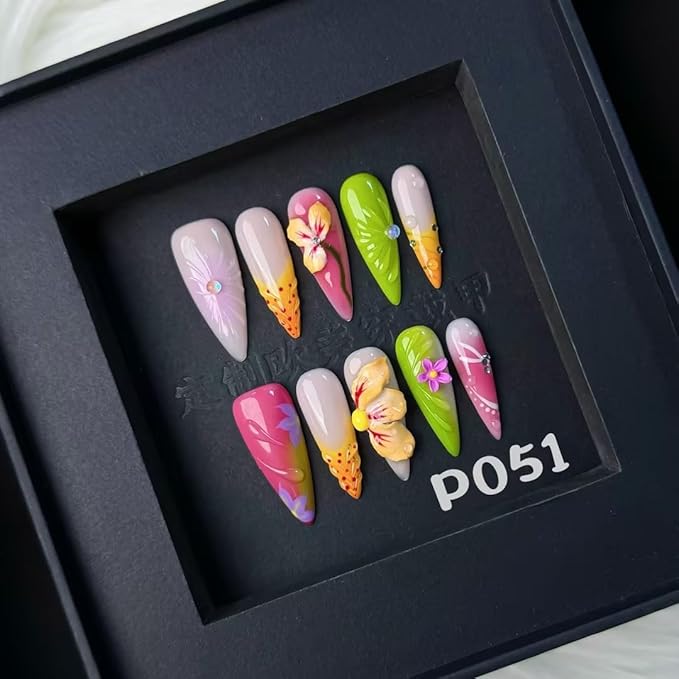 Press on Nails Handmade Stiletto Almond Shaped Medium False Nails Luxury 3D Flower and Droplet Design Full Cover French Tip Muti-Layer Gel Fake Nail Colorful Stick on Nails for Women DIY Nail Art（S)