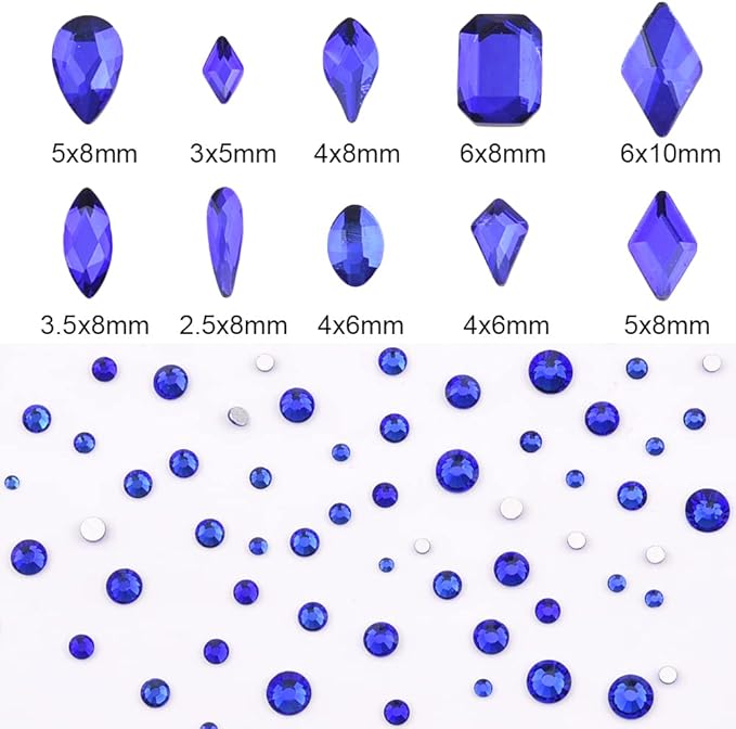 820pcs Flatback Crystals Glass Variety Shapes Blue Nail Rhinestones Round Beads Size Assorted 3D Nail Decoration Jewels for Nails Art Supply