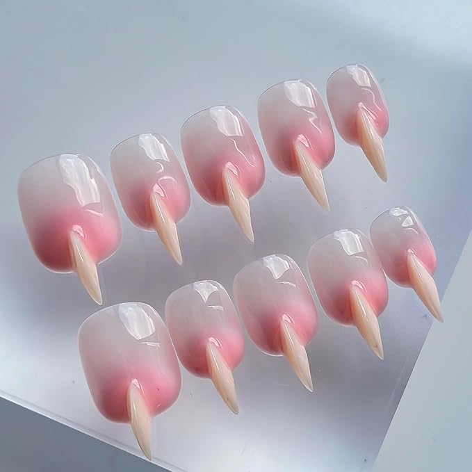 Halloween Press on Nails Luxury Short Stiletto Handmade Cat Claw Unique Reusable ABS Material Pink Fake Nails Eagle Claw False Nails Gradient Glossy Glue on Nail Curved Thick Acrylic Nail(S)