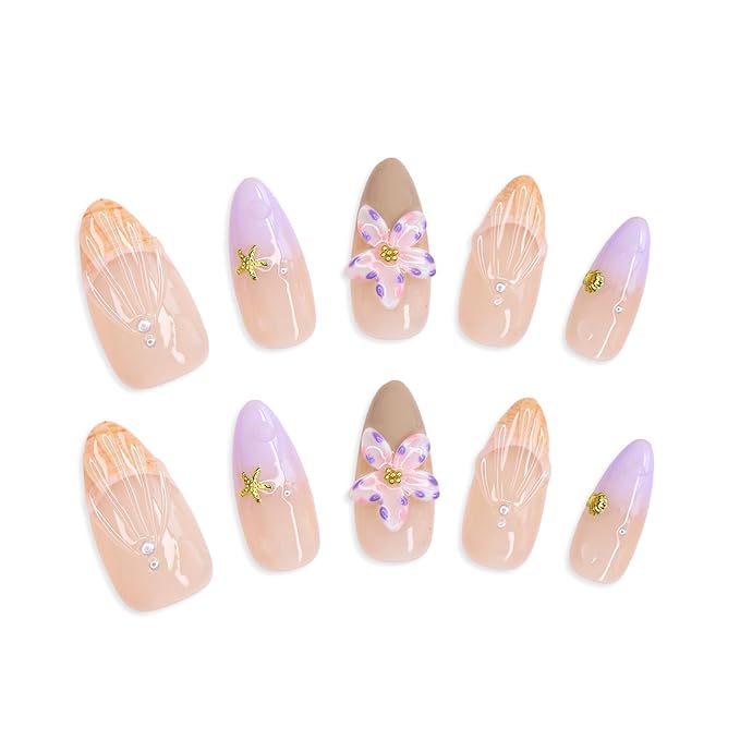 Handmade Press on Nails Purple French Tip Fake Nails with 3D Flower Pearl Starfish Designs Salon Quality False Nail Full Cover Thickened Medium Almond Acrylic Nails Stick on Nail for Women（Size S）