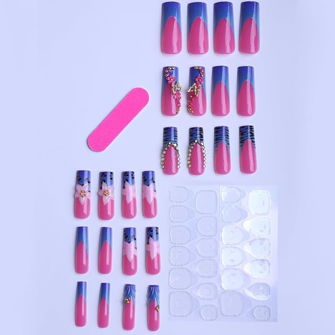 Bule French Tip Press on Nails Pink Long Square Fake Nails 3D Butterfly Flower Rhinestone Design Full Cover Glossy Glue on Nails for Women 24PCS