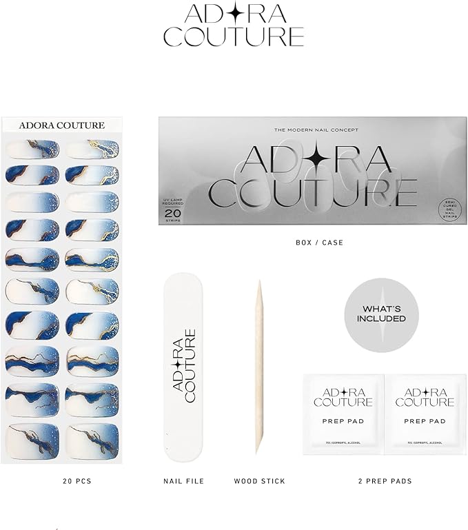 Semi-Cured Gel Nail Strips - 20 Salon-Quality Gel Sticker with UV Light Required, Long Lasting, Easy Application & Removal, Includes Prep Pad, Nail File, Wooden Stick (Blue Oceanwave)
