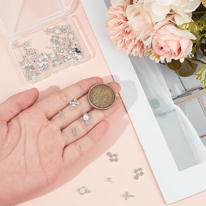 CRASPIRE 56Pcs 7 Styles Cross Nail Charms 3D Y2K Metal Alloy Rhinestone Flat Pearl Luxury Nail Gems Set Gothic Vintage Punk Studs Decor for Women Nail Art Crafts DIY Christmas Decorations Cellphone