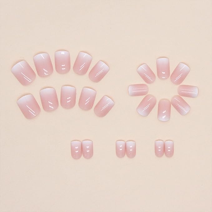 Short Press on Nails Square Ombre Fake Nails Pink Glue on Nails Press ons Cute False Nails with Design Solid Colour Acrylic Glossy Full Cover Artificial Stick on Nails for Women Manicure 24 Pcs