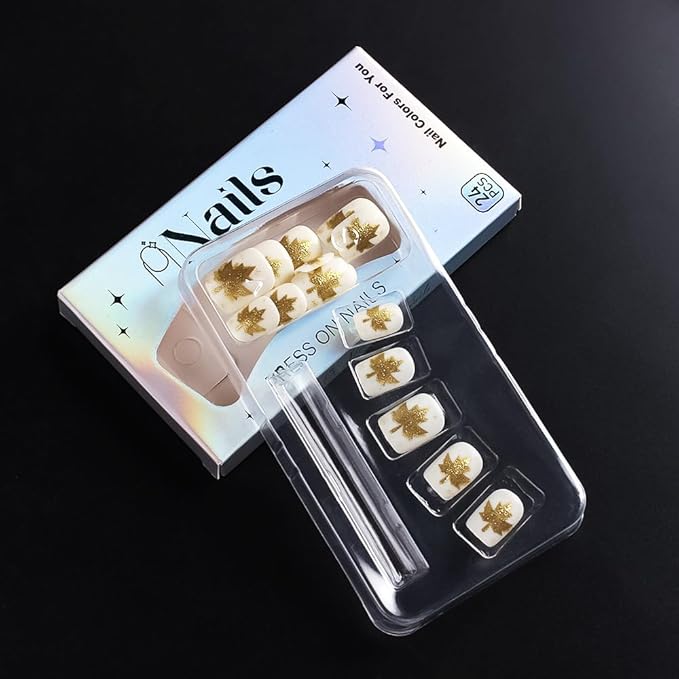 Fall Press on Nails Short Square Fake Nails Gold Maple Leaf False Nails Press ons with Golden Metal Leaf Design-Reusable Artificial Nail Full Cover Stick on Nails for Women Manicure 24Pcs