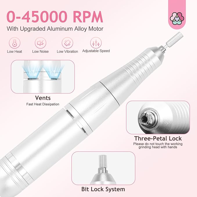 SAVILAND Professional Nail Drill Kit: 45000RPM Portable Nail File Machine for Remove Acrylic Gel Nail Rechargeable 2000 mAh Electric Nail File for Nail Salon Manicure Pedicure at Home