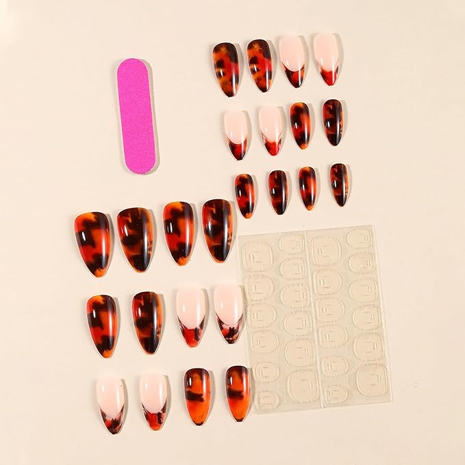 Press on Nails Medium Almond MABKJLF French Tip Fake Nails False Nails with Designs Ink Smudge Black & Orange Full Cover Glossy Glue on Nails Acrylic Nails for Women Girls 24 Pcs