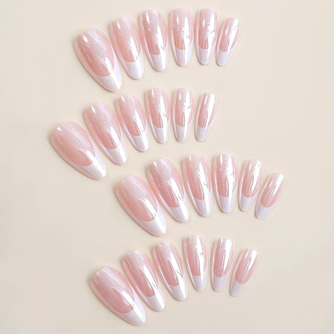 French Tip Press on Nails Medium Almond Fake Nails Press ons with Designs Chrome False Nails Glossy Full Cover Glue on Nails Shiny Acrylic Stick on Nail for Women Nail Decoration 24Pcs