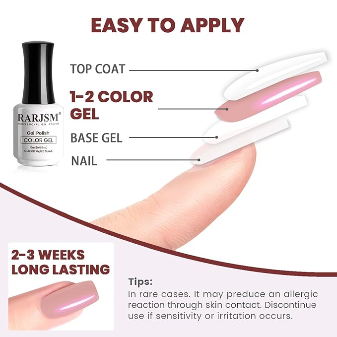 RARJSM Nude Gel Nail Polish Natural Rose Pink Purple Pearl Glitter Clear Sheer Nude Shimmer Gel Polish 15ml UV LED Soak Off Transparent Pink Color Home Salon French Manicure Varnish Curing Requires
