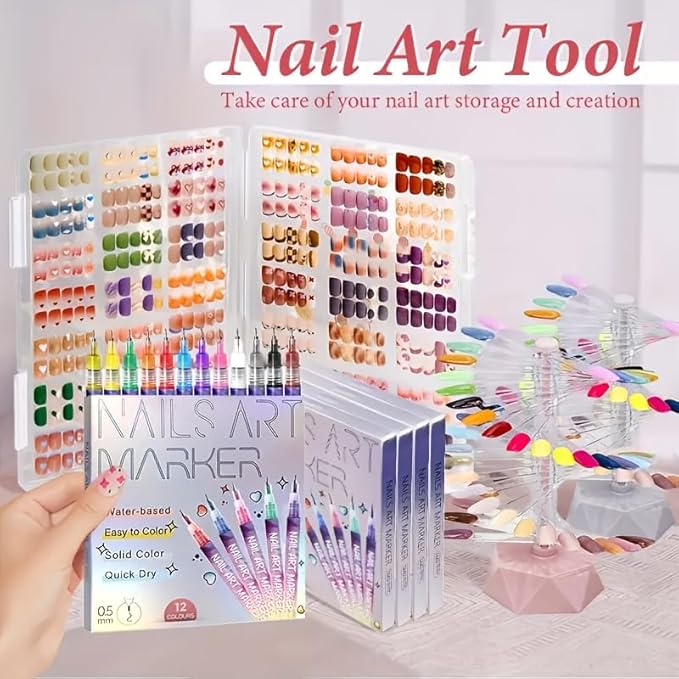 12 Color Nail Art Pen Set, 0.5mm Ultra Fine Nail Polish Pens for Drawing & Painting, Waterproof Quick-Drying Acrylic Nail Liner Dotters, DIY Manicure Design Art Kit with Professional Nail Tools