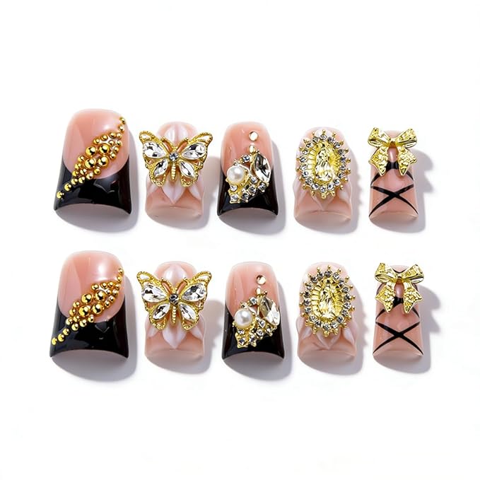 10 Pieces Luxury Acrylic Press On Nails Short Handmade Duck Nails, Pink And Black Thickened False French Nails, Golden Butterflies And Bows, Reusable Fake Nails, Acrylic Nails (S)