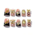 10 Pieces Luxury Acrylic Press On Nails Short Handmade Duck Nails, Pink And Black Thickened False French Nails, Golden Butterflies And Bows, Reusable Fake Nails, Acrylic Nails (S)