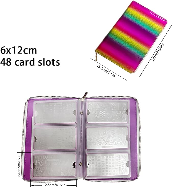 48 Slots Holographic Nail Plates Holder Case Stamping Templates Organizer Retangel Nail Printing Molds Collection Manicure Tool Accessorie-6x12Cm Template Case Rainbow Color