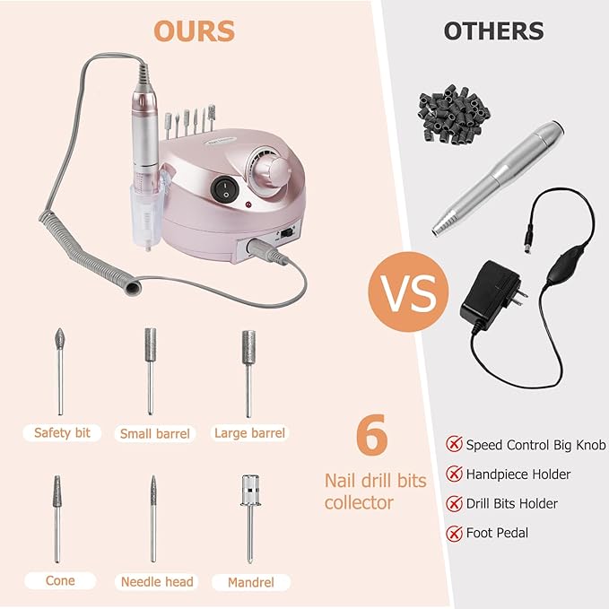 Portable Electric Nail Drill, 30000RPM Nail Drill with 6 NailDrill Bits and Sanding Bands, Nail File Kit for Acrylic, Gel Nails, Dip Powder, Manicure and Pedicure for Home Salon Use, Rose Gold